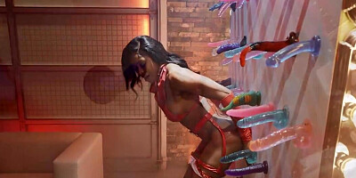 Row of dildos for a slutty ebony girl who fucks a guy later on