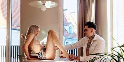 Blonde girl removes her lingerie and starts having sex