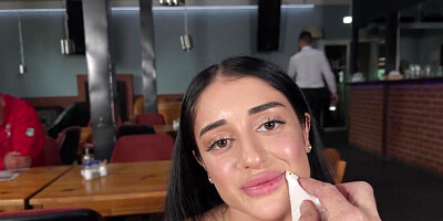 Tiny girl with a gorgeous face rides dick in restroom