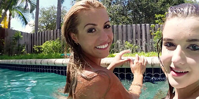 Hot girls are kissing each other in the cool pool and are having sex