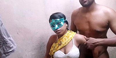 Busty Indian amateur babe fucked standing by masked boyfriend