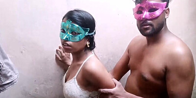 Busty Indian amateur babe fucked standing by masked boyfriend