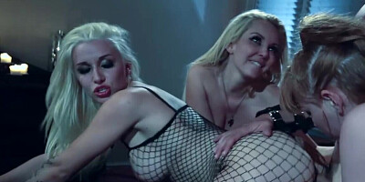 Three hot babes taking turns sucking and riding his cock