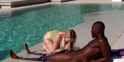Strong interracial by the pool for naked Mimi Cica