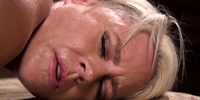 Blonde girl immediately cums being hogtied and masturbated