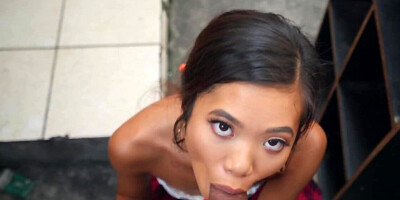 Asian's pussy is filled with cock but face is covered with sperm