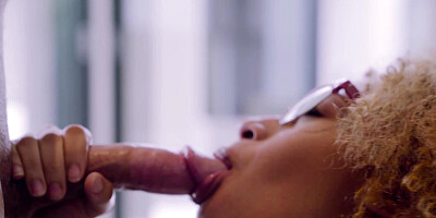 A chick with curly hair is feeling some pressure in her tight cunt