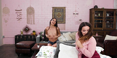 Busty MILF uses strapon during fun with slender teen