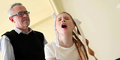 Pale pigtailed blonde is moaning while an old man fucks