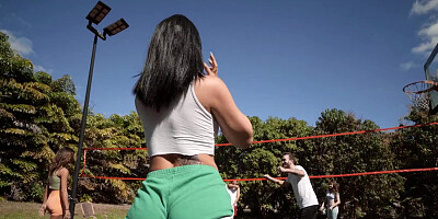 Sporty teen tries dick down the volley court and fucks