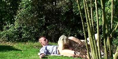 Czech BBW rides dick of her daughter's BF outdoors