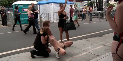 Blonde girl is bound naked and paraded on the street