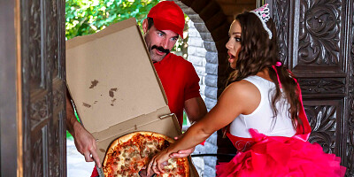The pizza delivery guy rings extra sausage to the chicks