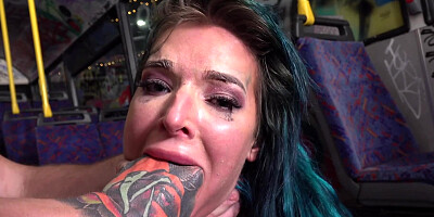 Blue-haired whore with tattooed sexy body gets screwed hard
