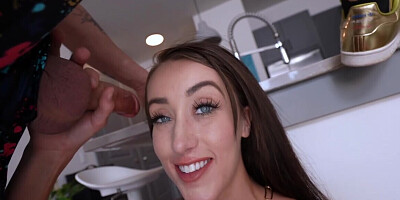 Blue-eyed princess handles monster dick in her thirsty mouth