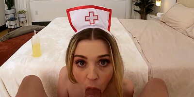 Blonde in nurse uniform gets huge cock down the muff in home POV