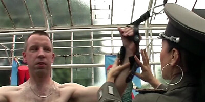 Military dude punished by a military lady in a strange video