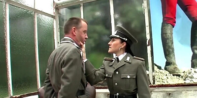 War roleplaying with a submissive babe in a threesome