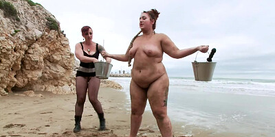 Chubby slave dominated by studs and mistress in local bar