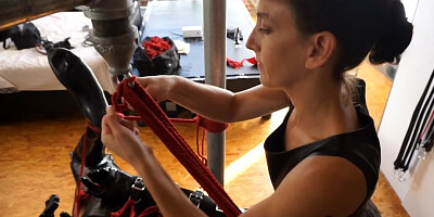 Helpless slave cannot avoid this gorgeous strapon cock