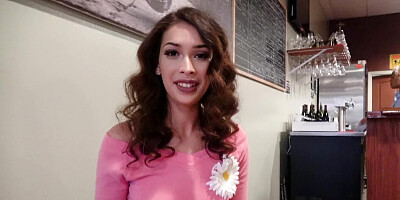 Skinny chick reveals her tits and she then sucks a hard dick