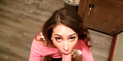 Skinny chick reveals her tits and she then sucks a hard dick