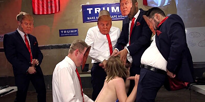 Slut gangbanged by five men wearing masks of the president of USA