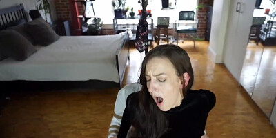 Sub dude is restrained and blindfolded by the kinky brunette