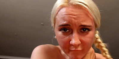POV sex scene shows a blonde receiving dick in cunt and mouth