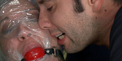 Tied up blonde is face-fucked by four kinky fellows