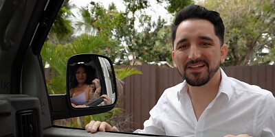 Inked Asian babe sucks and rides a hard cock in the van