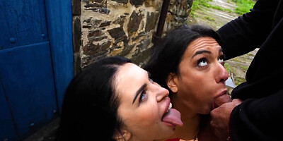 Cute brunette girls are shamelessly giving a double BJ