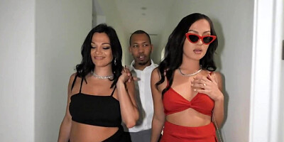 MILFs with black hair join forces to make black friend cum