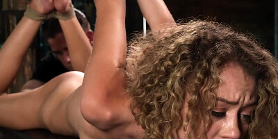 Man brings the curly girl to the dungeon to punish by BDSM