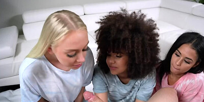 Three chicks and one guy in interracial 4some on the couch