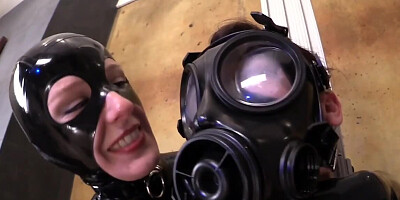 MILF in latex suit makes slave with gas mask cum with vibrator