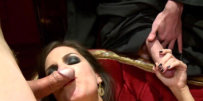 Brunette fell into men's arms and got penetrated in all holes