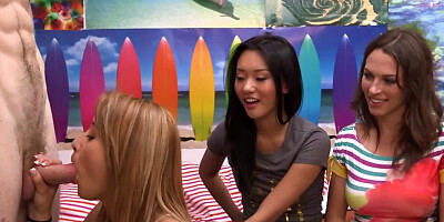 Three hot girls are having dick-sucking competition
