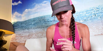 POV handjob given by a cute Milf wearing a baseball cap