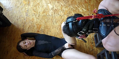 Tied up gimp is forced to lick dirty heels of a kinky mistress