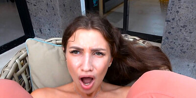 Tanned brunette gets her ass fingered and fucked by the pool POV