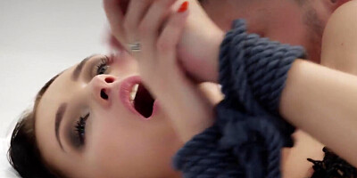 Rope-bound brunette pounded hard and tongue-flicked after