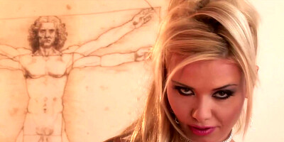 Stunning blonde touches tits and pussy being alone at home