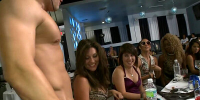 Naughty bachelorette party girls sucking on stripper cock