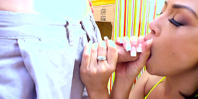 A Latina with natural tits is fucked at a lemonade stand