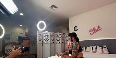 Wife films big dick husband dominating thick tattooed BBW on bed
