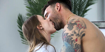 Tattooed man and a petite starlet wtih a wet hairy twat