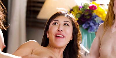 Two redheaded cougars invite an Asian over for oral