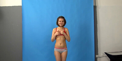 Modest petite brunette strips completely during casting shoot