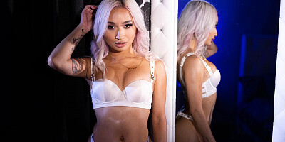 Asian wench with dyed hair fucked by a tall inked stud